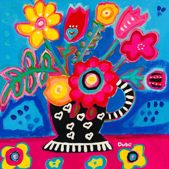 Folk Art Flower Painting: Cheery Gallery Wall Decor One-of-a-Kind Original - Picture 1 of 9